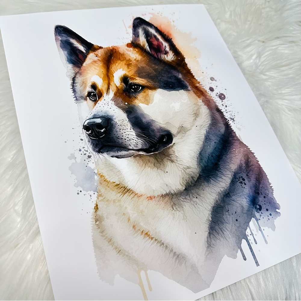 Watercolor American Akita Dogs Portrait Wall Art Illustration Print Unframed - Picture 6 of 8